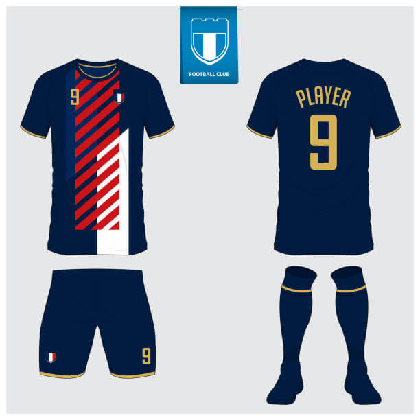 Set of soccer jersey or football kit mockup design for football club. Football shirt, short, sock template. Soccer uniform in front view, back view. Football badge in flat design. Vector Illustration.